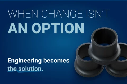 Case study cover image showing three black molded plastic components with the text ‘When change isn’t an option.